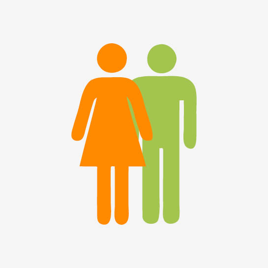 A simple illustration of two human figures, one orange and one green. The orange figure has a dress, representing a woman, and the green figure is gender-neutral or male, standing side by side on a white background.