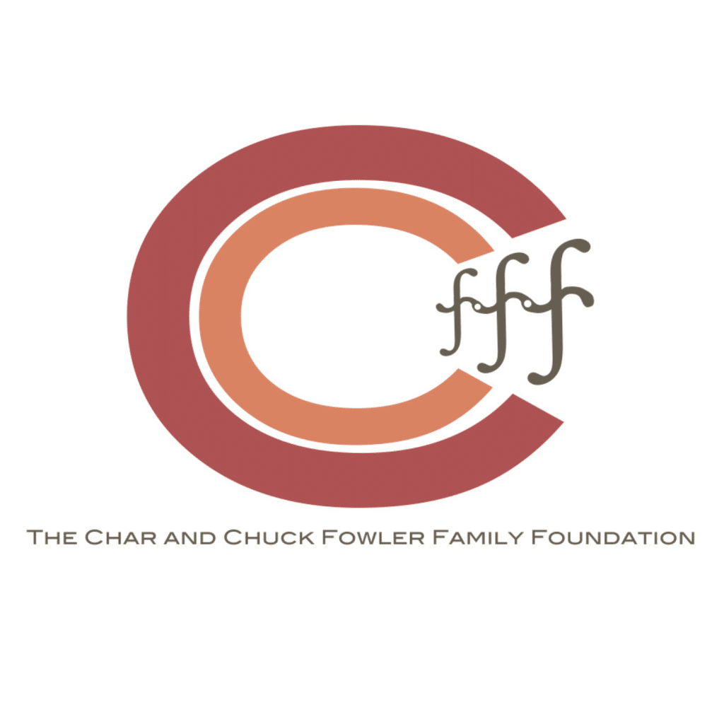 Logo of The Char and Chuck Fowler Family Foundation featuring a large, stylized letter C in red and orange, with three lowercase fs overlapping on the right. Foundation name is written below in gray text.