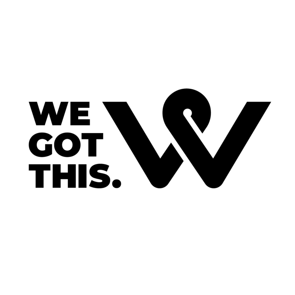 Bold black text on a white background reads WE GOT THIS. Next to the text is a stylized W logo, with the right side forming a location pin shape pointing downward.