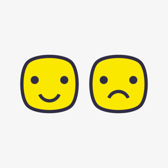 Two yellow square faces with black outlines; the left face is smiling and the right face is frowning, both on a light gray background.