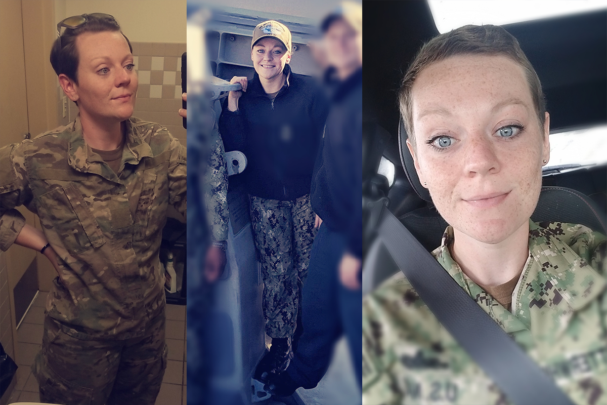 A collage of three photos shows a woman in military uniforms—standing in a restroom, smiling with others, and sitting in a car—proudly sporting short hair and camo attire, reflecting strength and Cancer Support for Military members.