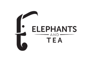 A black stylized elephant head graphic sits left of the bold ELEPHANTS AND TEA text, with horizontal lines framing the word AND. This logo perfectly represents the spirit of Elephants and Tea.