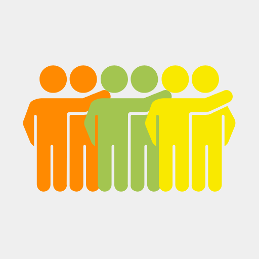 Illustration of five simplified human figures in orange, green, and yellow standing side by side with their arms around each other, symbolizing unity and friendship.