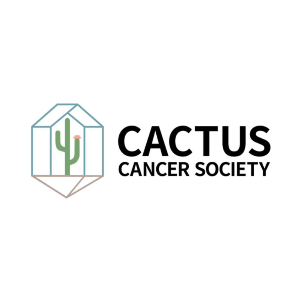 Logo for Cactus Cancer Society with a simple cactus inside a geometric greenhouse outline, and the words CACTUS CANCER SOCIETY in bold black letters on a white background.