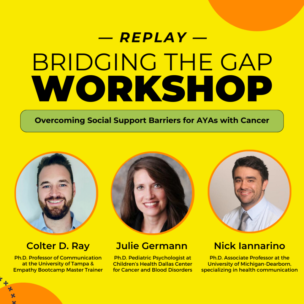 Replay of Bridging the Gap Workshop on overcoming social support barriers for AYAs with cancer, featuring Colter D. Ray, Julie Germann, and Nick Iannarino, with photos and titles of each speaker.