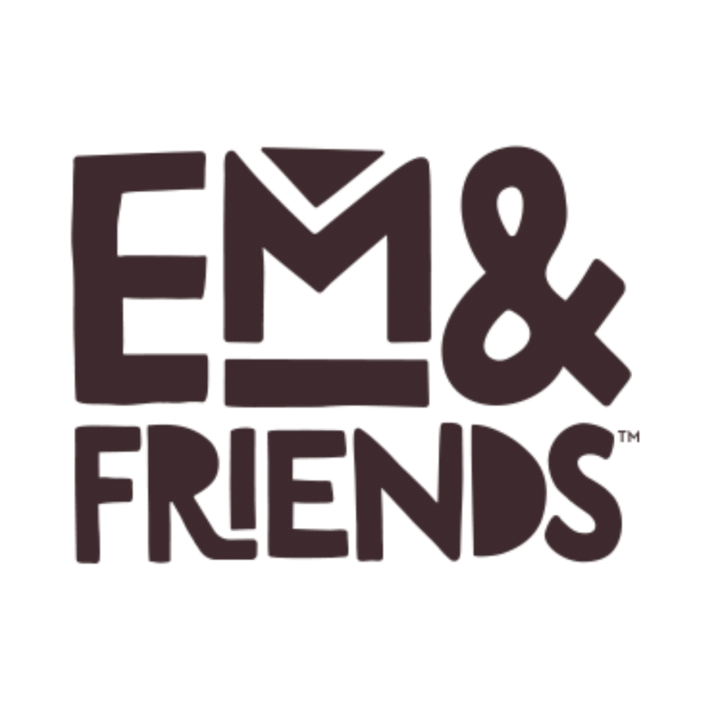 EM & Friends logo in bold, playful black font on a white background. The “M” has a triangle above it, forming a crown-like shape.