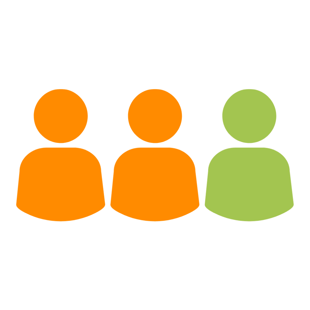 Three simple human icons side by side; the first two figures are orange and the third figure is green, all on a light gray background, representing the inclusive spirit of the b-present Foundation.