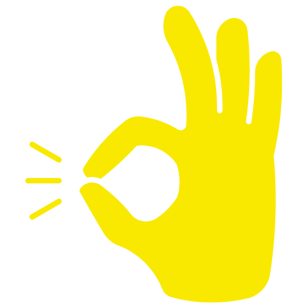 A yellow hand making an OK gesture, with three fingers raised and the index finger touching the thumb, emits three small lines—often used in young adult cancer support circles to signal encouragement and positivity.
