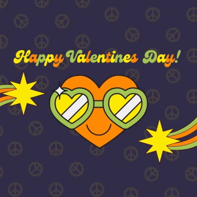 A smiling orange heart with sunglasses is surrounded by yellow stars and rainbow trails. Happy Valentines Day! is written above, with a dark background featuring peace symbols.