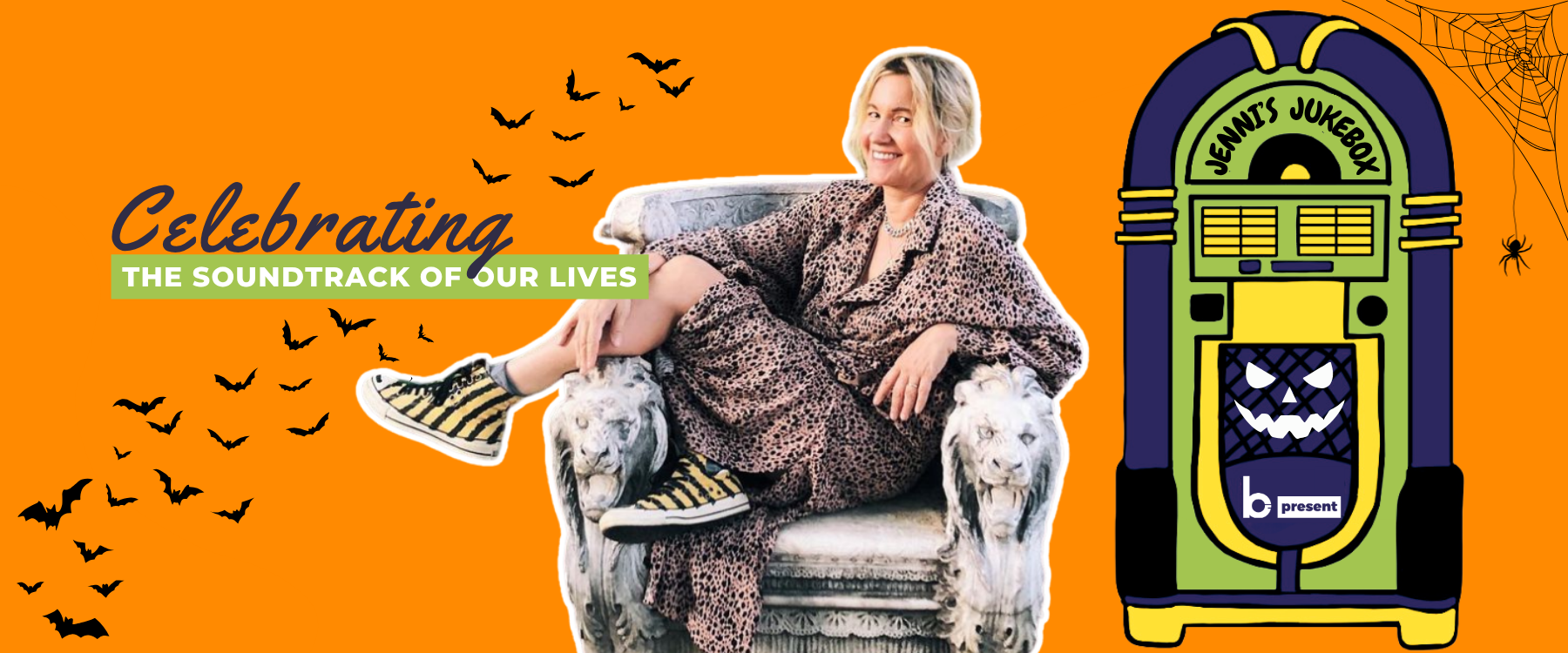 A smiling woman in a leopard-print outfit sits on a lion-armchair next to a Halloween-themed jukebox reading Jenn’s Jukebox. The background is orange with bats, cobwebs, and text: Celebrating the soundtrack of our lives.